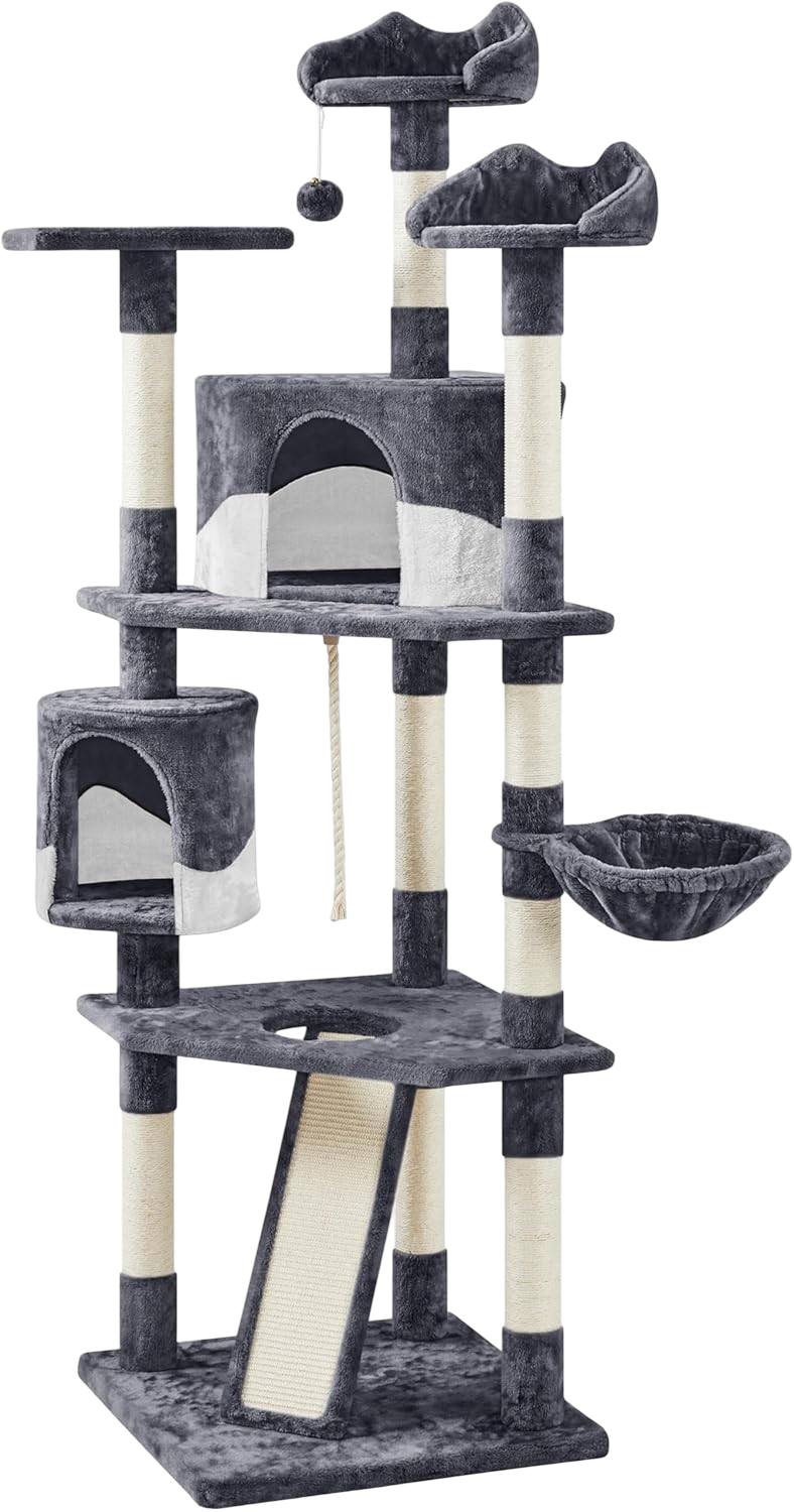 Yaheetech 79in tall cat tree with plush perches dark gray and white