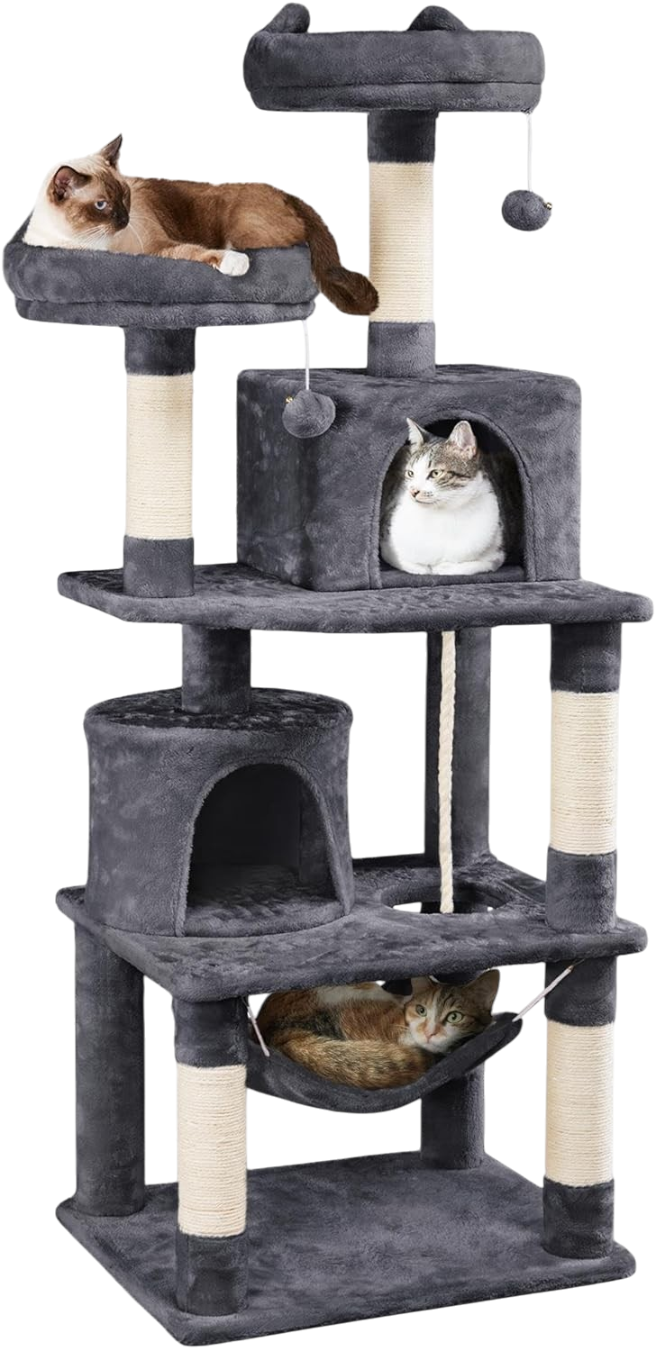 Yaheetech 62.5in cat tree with hammock and plush perch dark gray