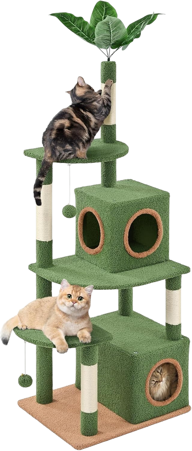 Yaheetech 59in green cactus cat tree with double condo and palm leaf